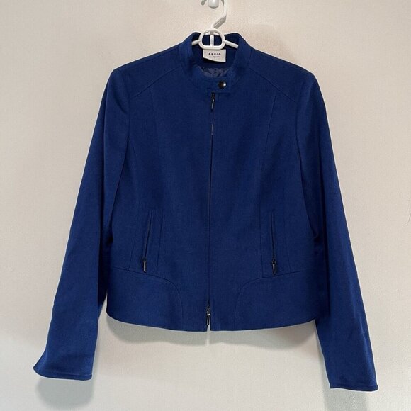 Akris Punto Royal Blue Wool Angora Zip Front Moto Jacket Snap Neck Size 8 - Picture 1 of 7